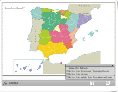 "Mapa interactivo político de España" (Ciencias Sociales de Primaria). Editorial Anaya. "Mapa interactivo político de España" (Ciencias Sociales de Primaria). Editorial Anaya.