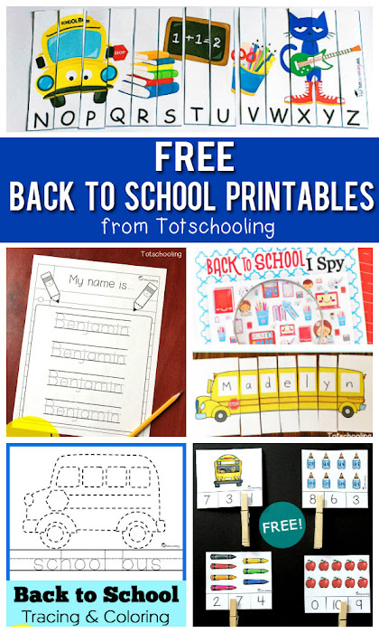 A collection of FREE Back to School printables for preschool, pre-k and kindergarten kids featuring school bus, all about me, pete the cat, name recognition activities, coloring pages and more!
