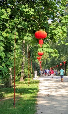 Chinese lanterns along the path of Łazienki Park in Warsaw, Poland