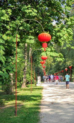 Chinese lanterns along the path of Łazienki Park in Warsaw, Poland