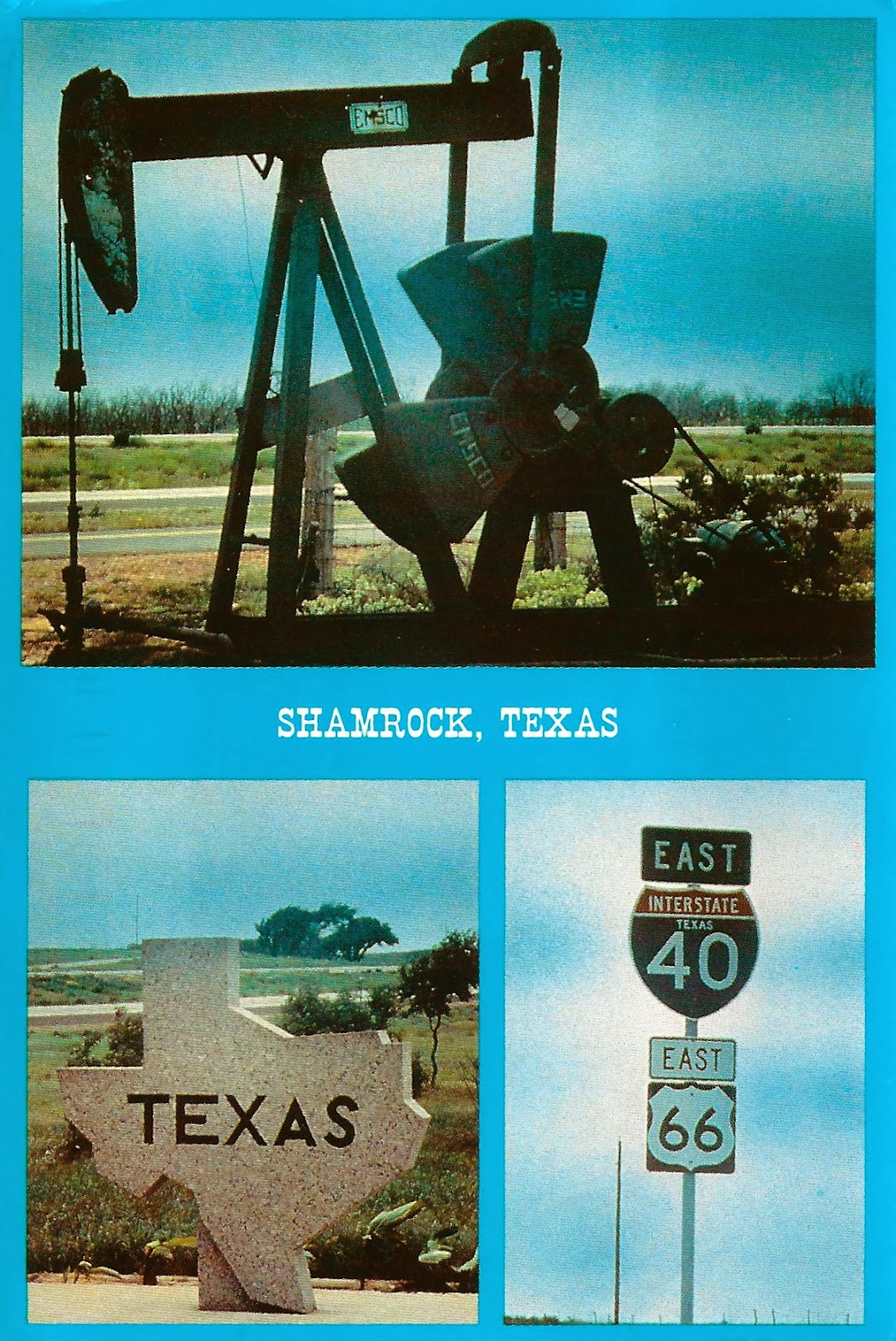 My Favorite Views Texas Shamrock with Oil Rig and Route 66 Sign