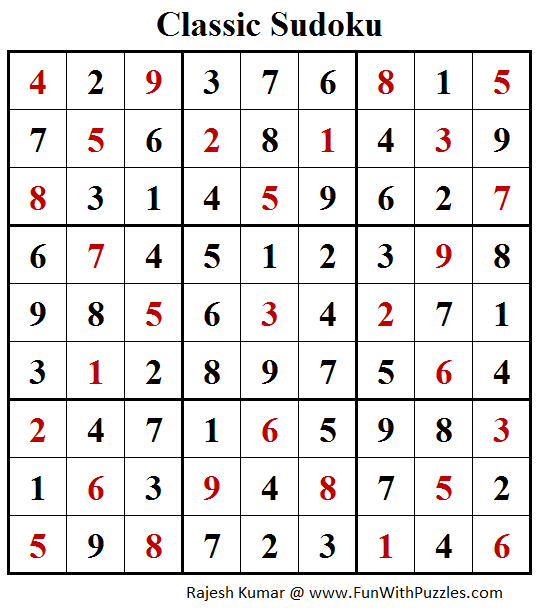 Classic Sudoku Puzzles (Fun With Sudoku #211) Solution