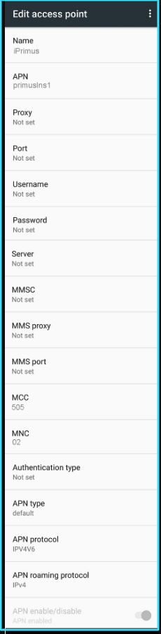New iPrimus APN Settings android