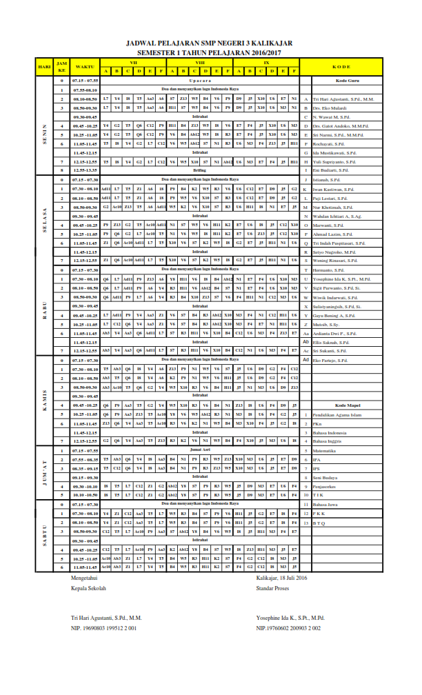 Jadwal Pelajaran SMP Negeri 3 Kalikajar Semester 1 Tahun