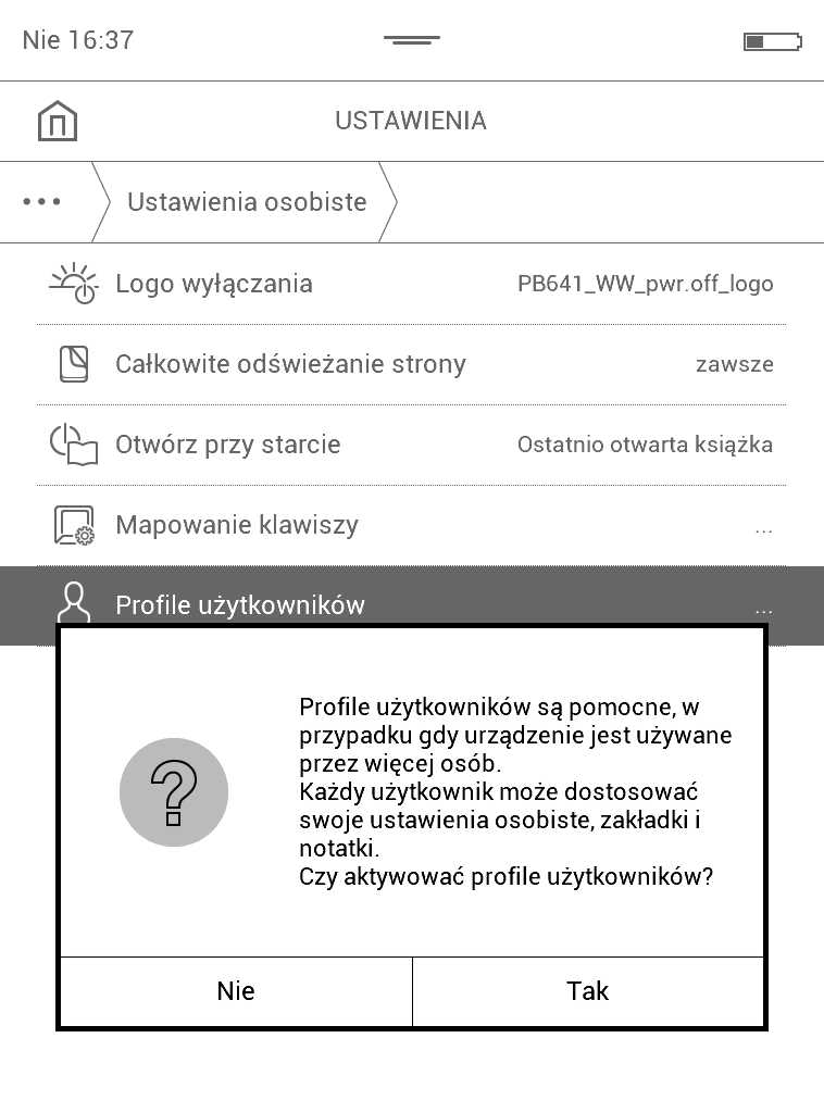 PocketBook Aqua 2 – komunikat o aktywowaniu profili użytkownika