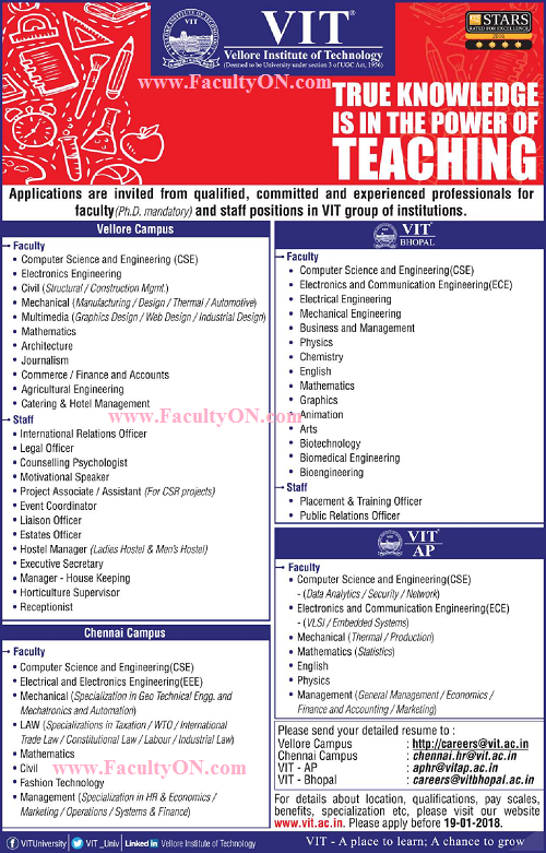 VIT Chennai Campus, Wanted Teaching Faculty - Faculty Teachers
