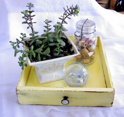 This repurposed drawer painted yellow is perfect for displaying plants. 