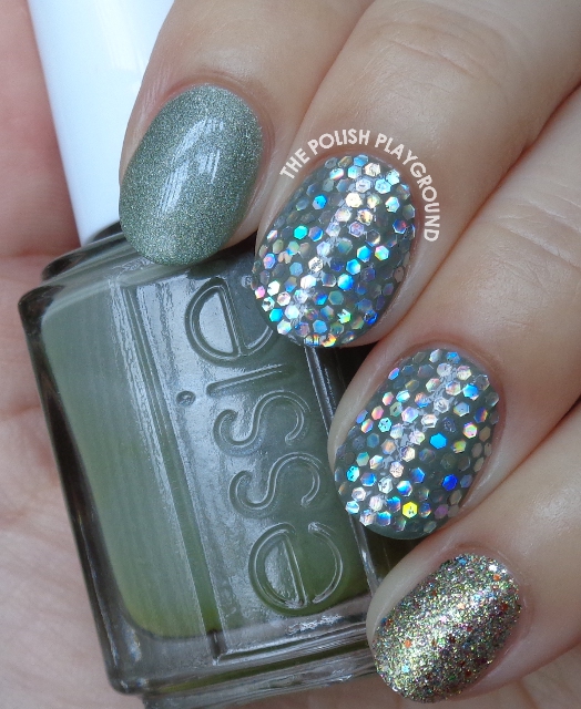 Green with Silver Holographic Glitter Placement Nail Art