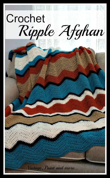 Crochet afghan done in a ripple pattern with tribal inspired colors