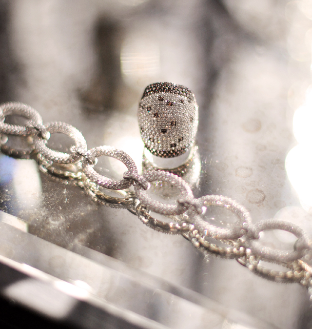 giant pave diamond ring with chocolate sapphires and diamond bracelet