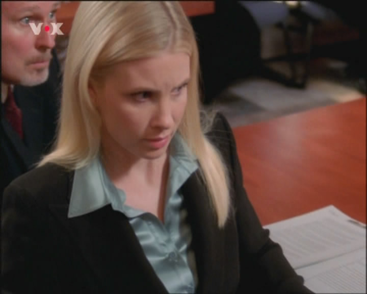 Ladies in Satin Blouses Monica Potter silver satin blouse under suit