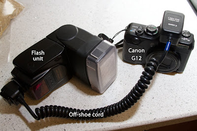 Flash Unit, Canon G12 and Off-shoe core.