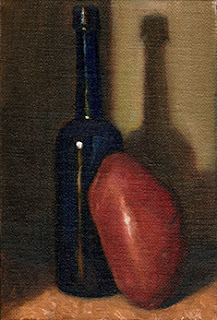 Oil painting of a Désirée potato resting against a blue castor oil bottle.