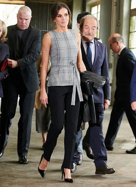 Queen Letizia wore a checked top with bow by Zara. Fabrica Scorsese meeting. Princess of Asturias Awards 2018