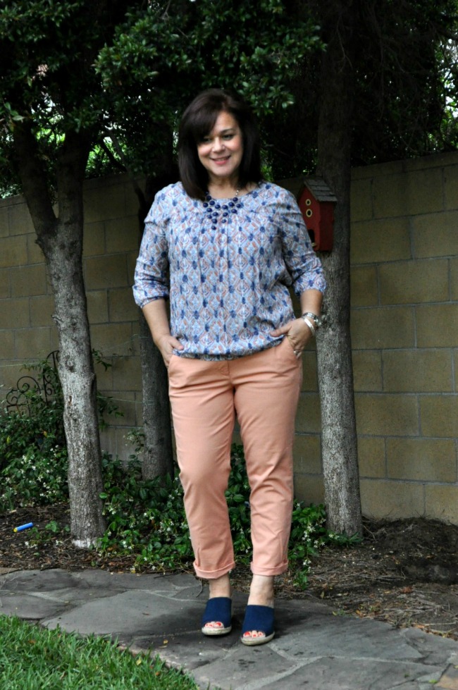 pink chinos and blue and pink blouse