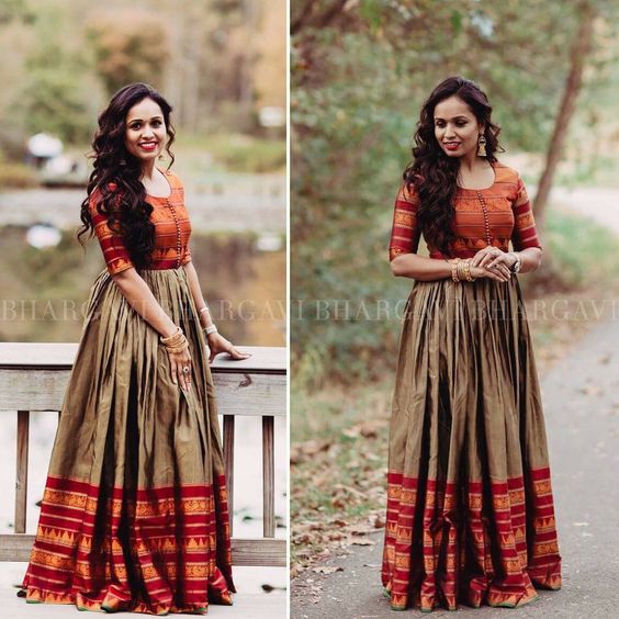 long frock with saree designs