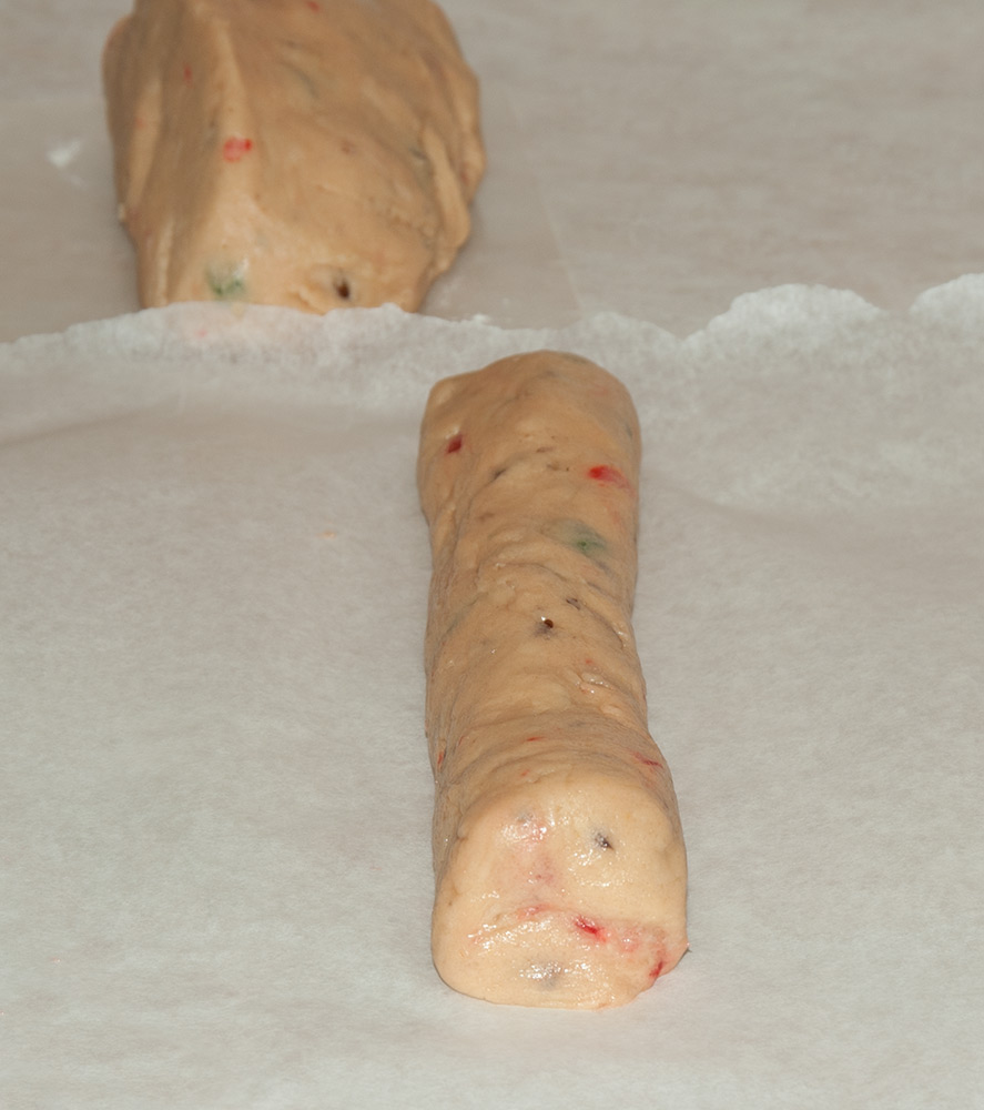 Cookie dough rolled into a log ready to refrigerate.