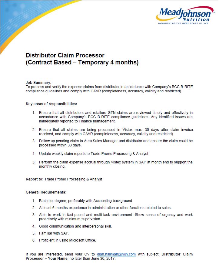 Lowongan Kerja Distibutor Claim Processor PT Mead Johnson Indonesia