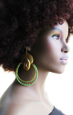 large green african brass beaded hoop earrings