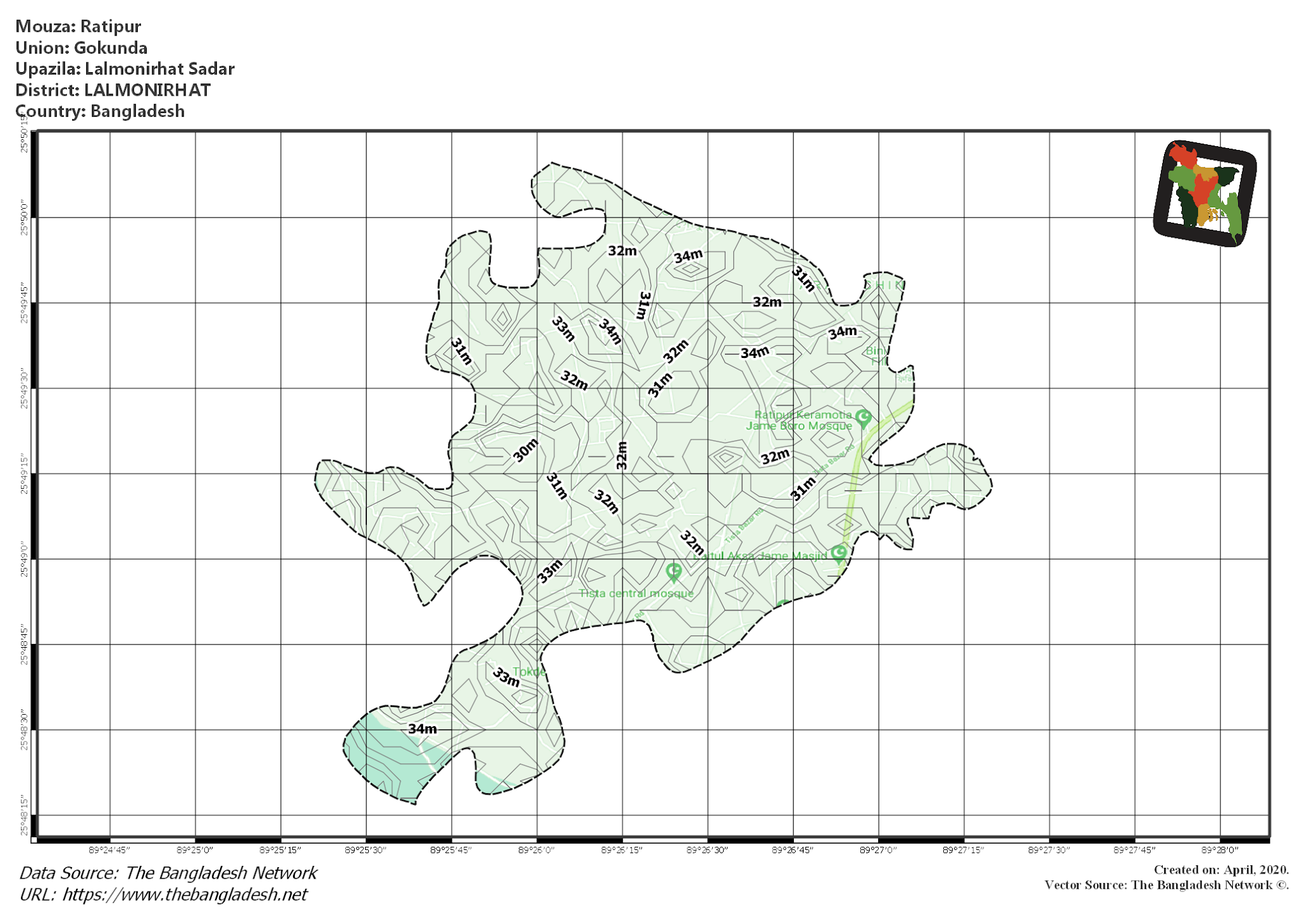 Map of Ratipur Mouza of Lalmonirhat Sadar Upazila, LALMONIRHAT, Bangladesh.