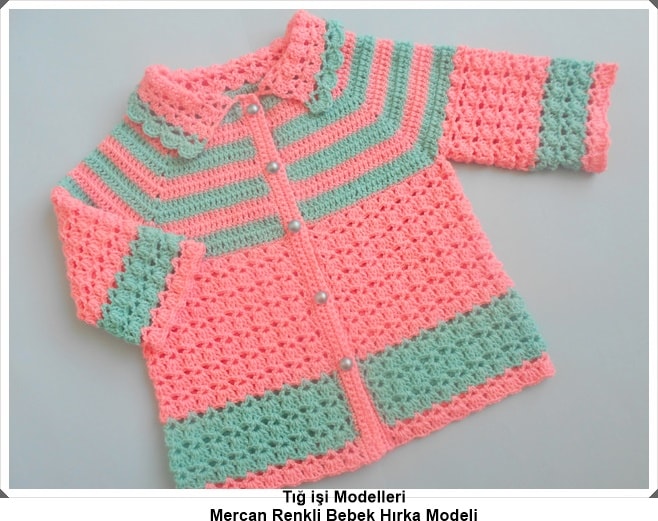 Tığ işi Renkli Çizgili Bebek Hırkası Modeli 76