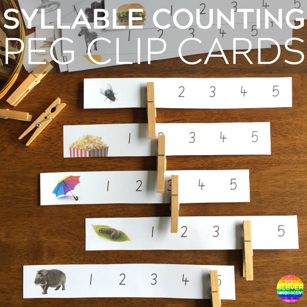 Syllable Counting Peg Clip Cards - these printable cards make learning how to hear and count syllables fun and hands-on. Perfect for literacy centers | you clever monkey