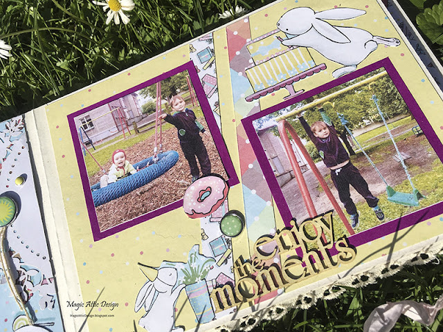 Colourful scrapbook album for children by Maria Lillepruun with Fabrika Decoru design paper "Bunny Birthday Party"