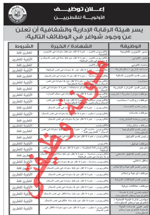 اعلان وظائف هيئة الرقابة الادارية والشفافية بدولة قطر منشور فى 20/10/2015