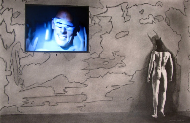 The Batman Brooding - Charcoal, conte and appropriated vintage video on paper 24x36, circa 2017 by F. Lennox Campello