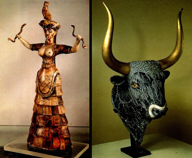 The History of Aegean Civilization | Early Middle, and Late Bronze Age/Snake Goddess (Priestess?). c. 1600. Museum, Heraklion, Crete.     Rhyton in the shape of a bull's head, from Knossos. ñ. 1500-1450 B.C. Serpentine, crystal, shell inlay (horns restored), height 8 1/8" (20.6 cm).  Museum, Heraklion, Crete.