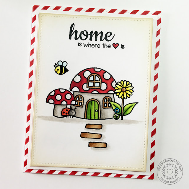 Sunny Studio: Home Is Where The Heart Is Mushroom House Card by Melissa Bowden (using Backyard Bugs & Happy Home stamps)