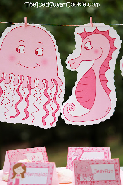 Pink Mermaid Under The Sea Birthday Party Food Label Tent Cards- Mermaids, Jellyfish, Seahorses, Sea Shells, DIY Mermaid Under The Sea Birthday Party Ideas