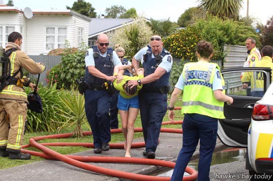Police, Hastings Fire Service and St John Ambulance attended a fire at 503 Hinau St, Hastings. At least one person was arrested. The house is a state house or former state house. Police, Hastings Fire Service and St John Ambulance attended a fire at 503 Hinau St, Hastings. At least one person was arrested. The house is a state house or former state house. photograph