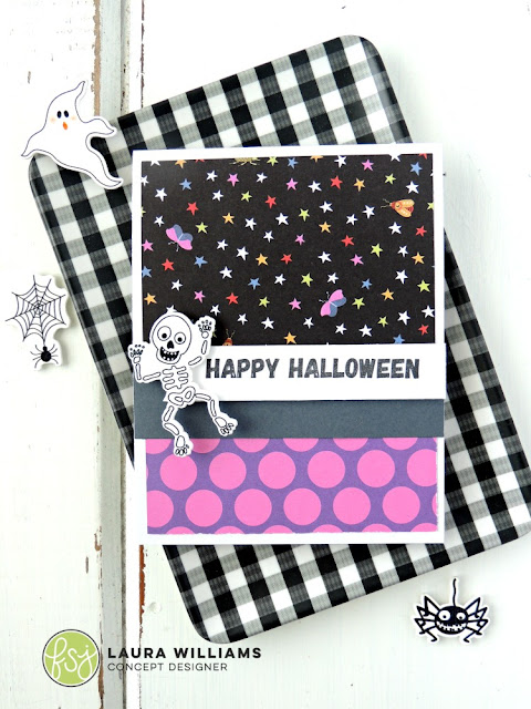 make a simple handmade halloween card with patterned paper and sweet and spooky embellishments from fun stampers journey. card making ideas for beginning crafters #lauralooloo #halloween #halloweencrafts #funstampersjourney #stamping #cardmaking
