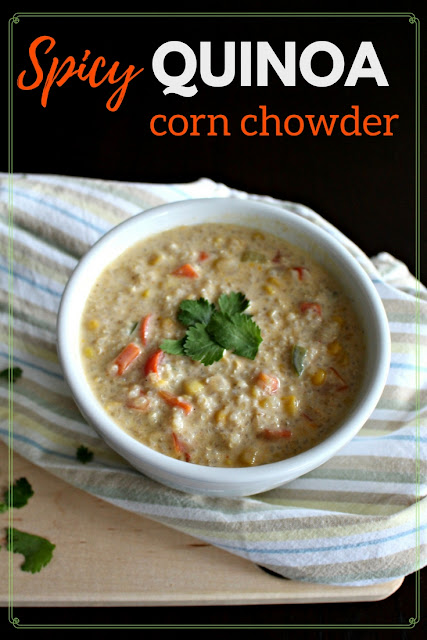 Spicy Quinoa Corn Chowder - a take on corn chowder using quinoa instead of potatoes, and with a spicy kick. Healthy yet hearty vegetarian corn chowder.