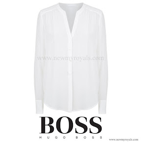 Crown Princess Mary Style Hugo Boss Collarless V-Neck Silk Shirt 