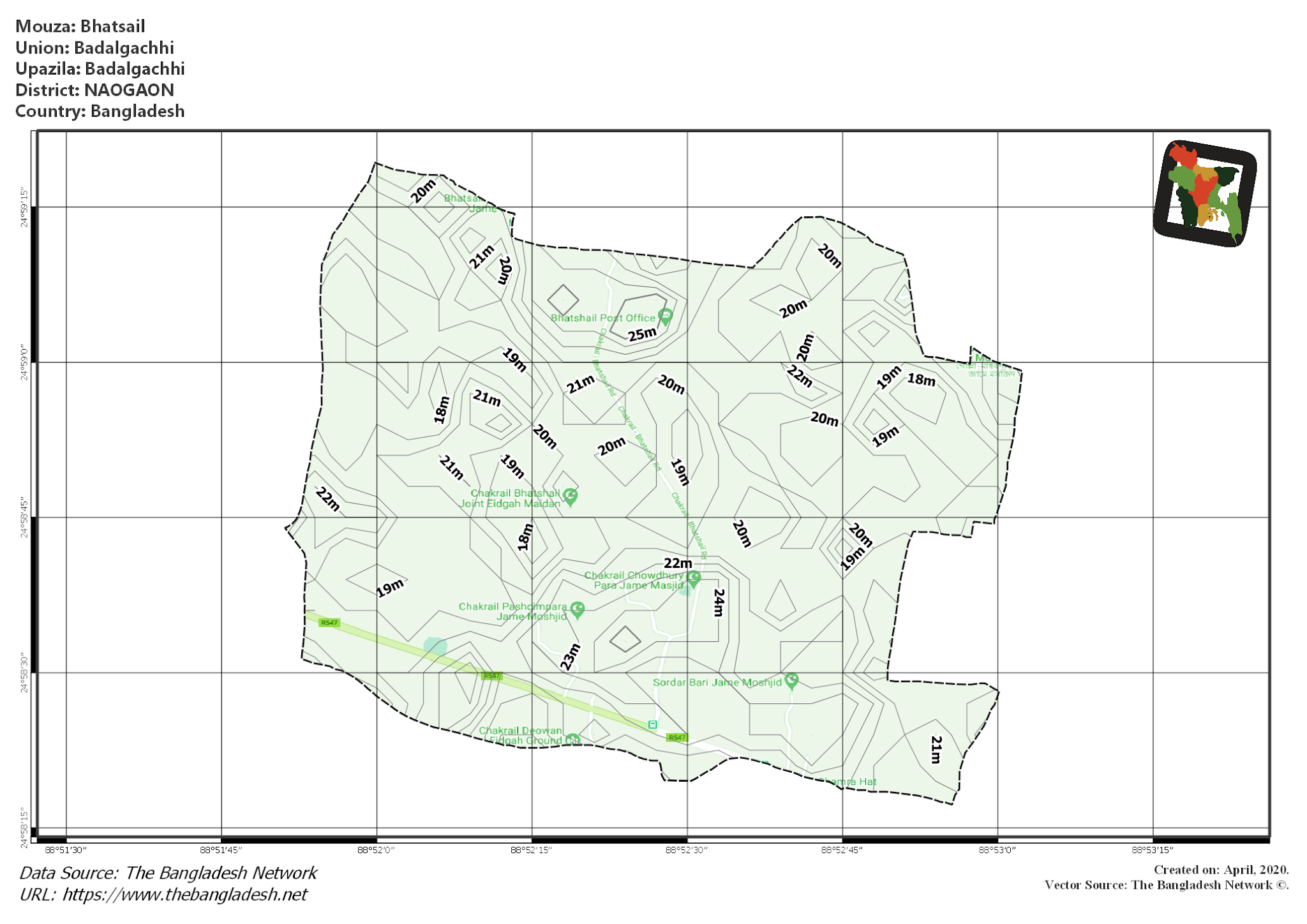 Map of Bhatsail Mouza of Badalgachhi Upazila, NAOGAON, Bangladesh.