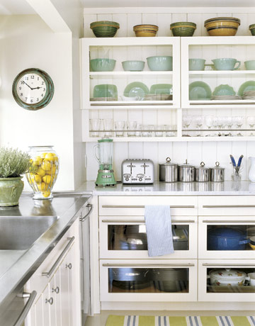 These open kitchen shelves have enough space for all your dishes, pots, and pans