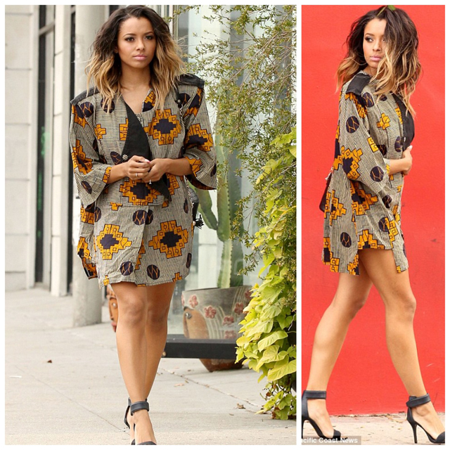  Actress Kat Graham mostly known for her role in TV series The Vampire Diaries,  was spotted spotted out and about in LA rocking this  oversize african print blazer or maybe its a dress.  What do you guys think about the look? 