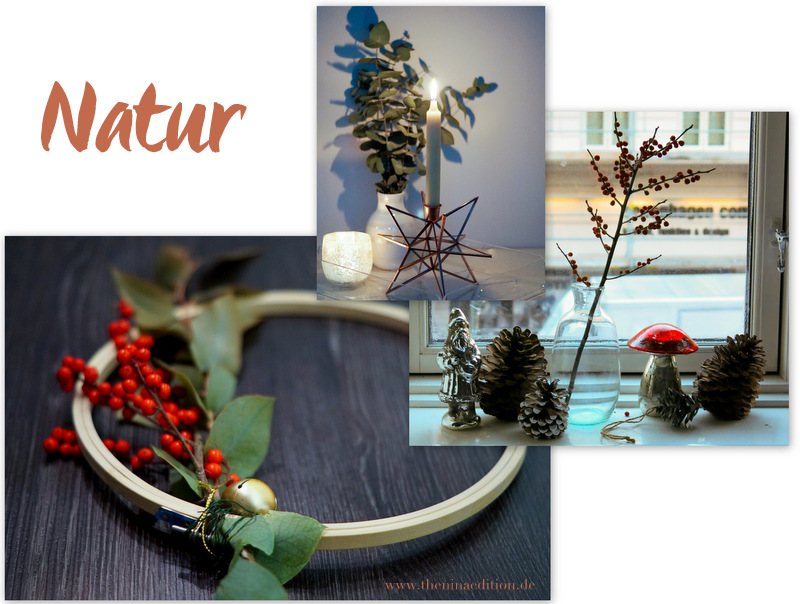 Weihnachtsbaumdekorationsinspiration aus der Natur mit Ästen und Sträuchern