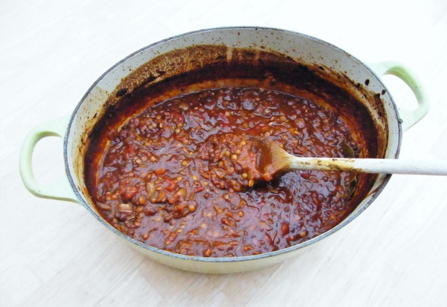 Pot of braised lentils