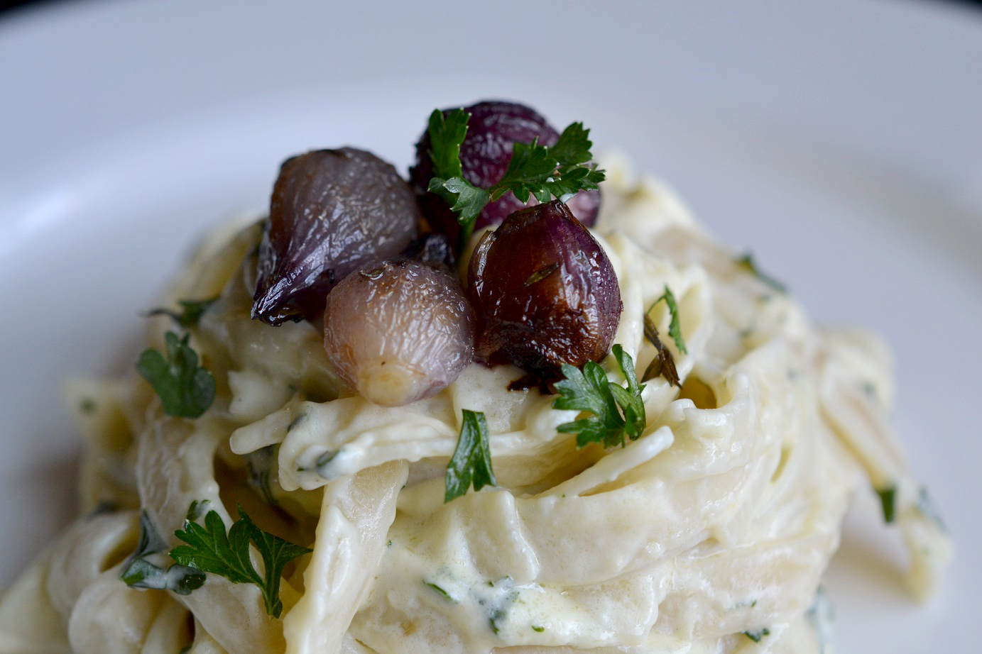 Greedy Girl Fettuccine alfredo with thyme roasted pearl onions