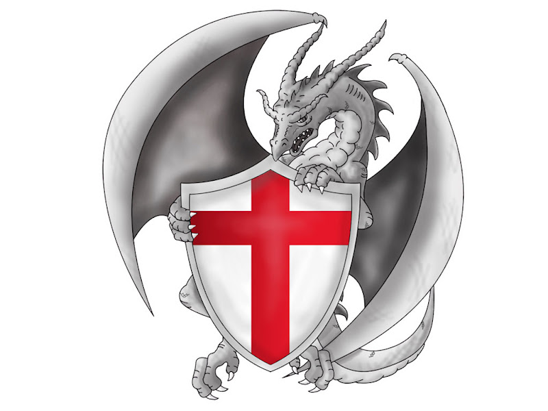 tattoo design of drag on which taking shield with english flag on it title=