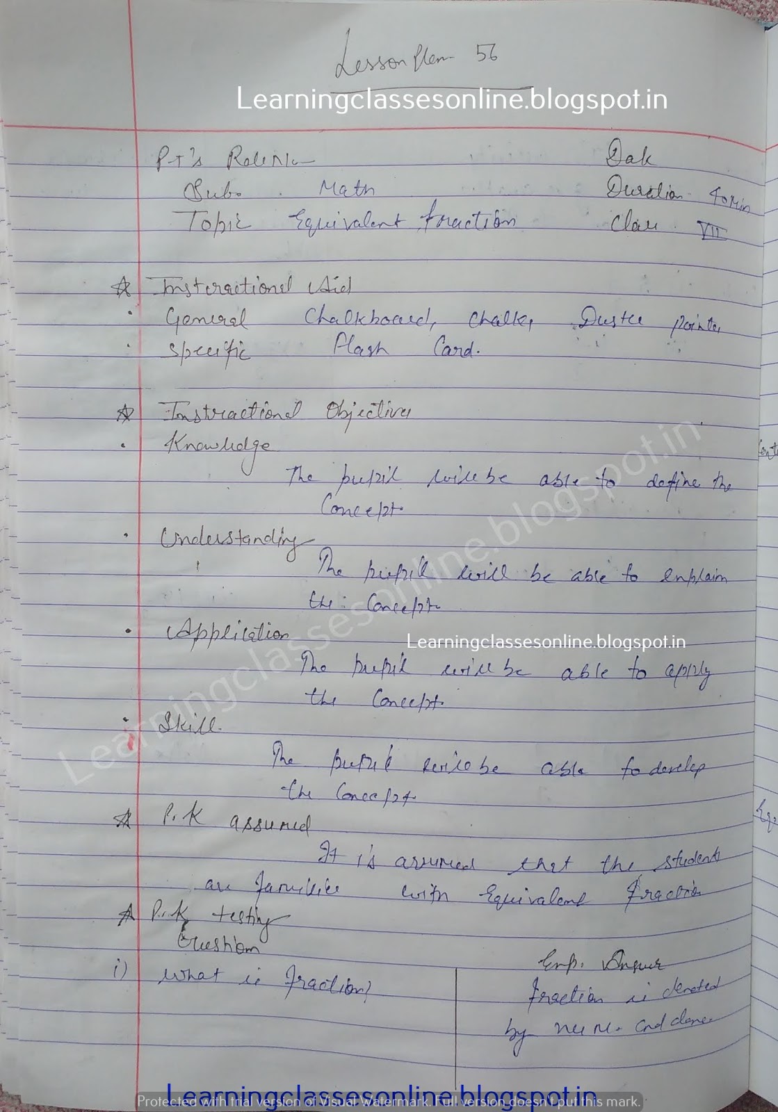 Math Lesson Plan on Equivalent Fraction Math Lesson Plan on Equivalent Fraction for grade 6 , 7 and 8