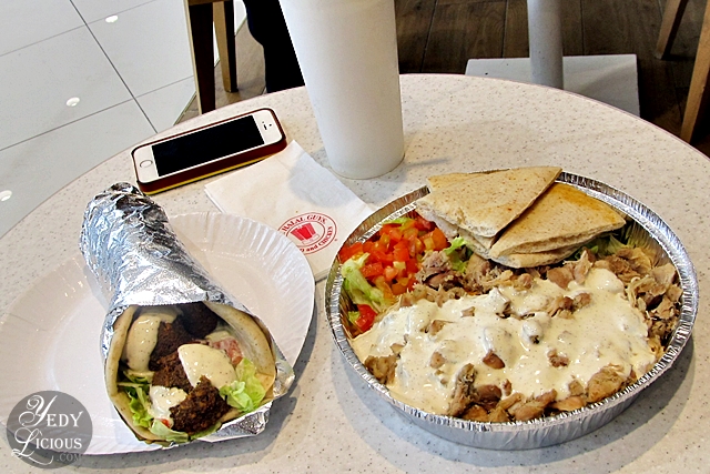 Falafel Sandwich and Chicken over Rice