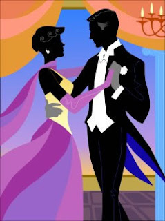 Silhouette illustration of a young man and woman dancing at a formal dance