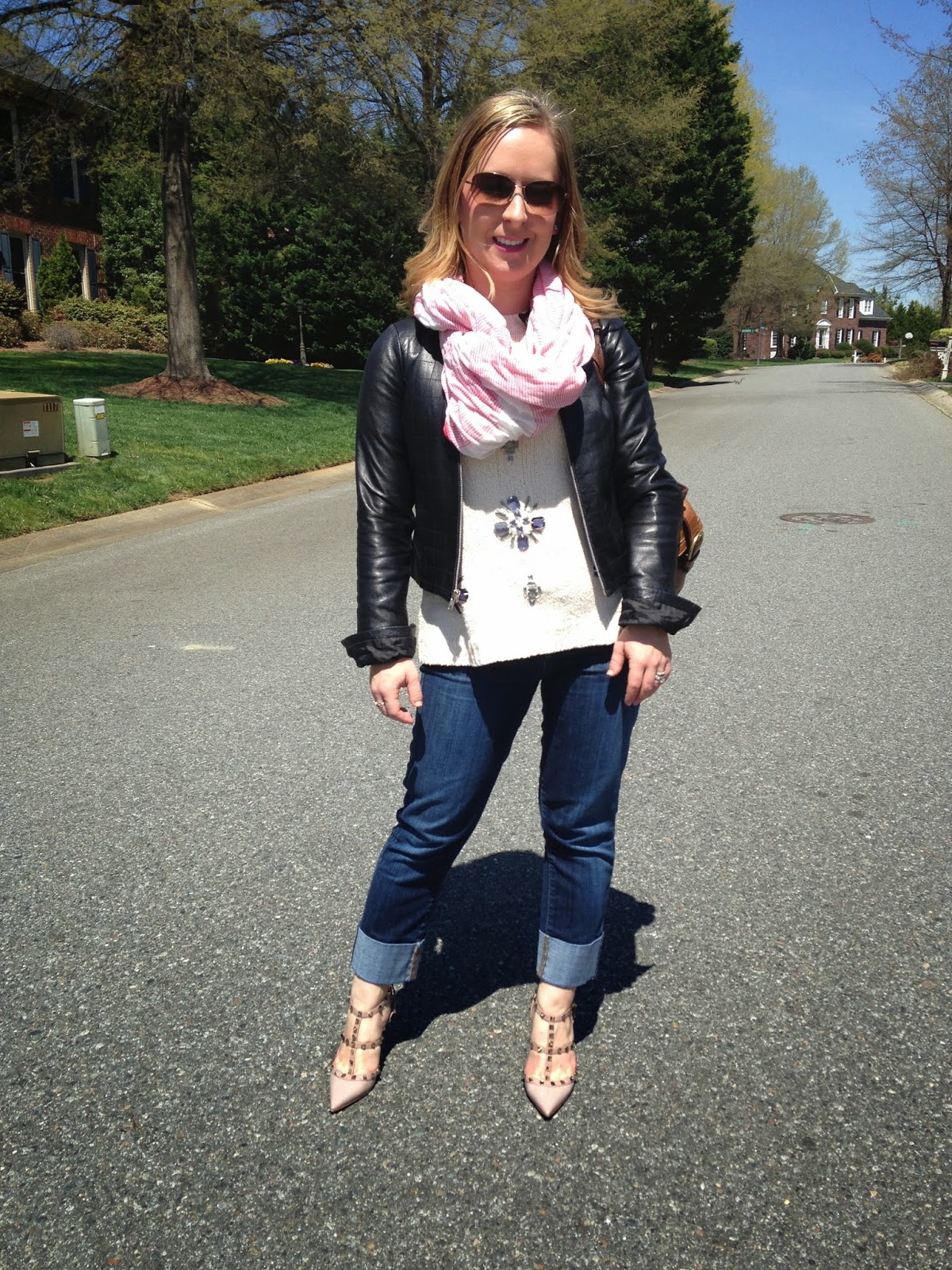 cropped pants, spring sweater, leather moto jacket, jcrew, coach, valentino, rockstuds