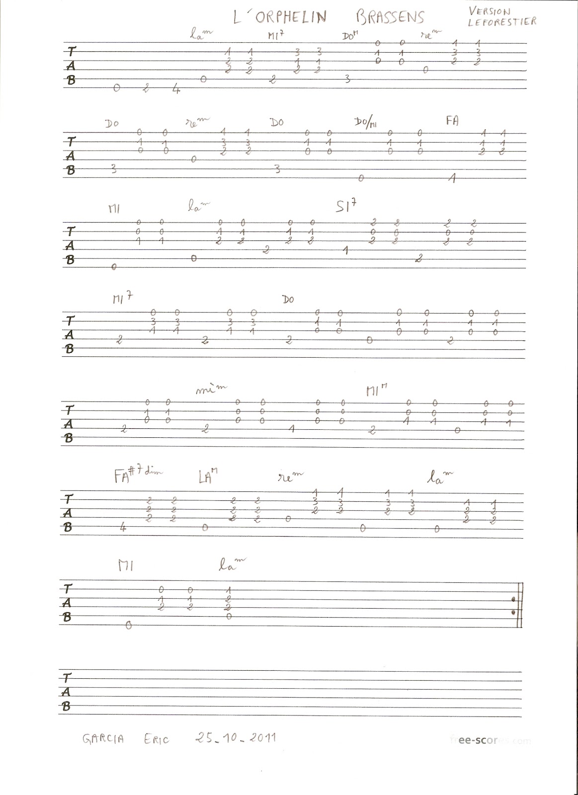 Partitions et Tablatures pour Guitare BRASSENS l'Orphelin