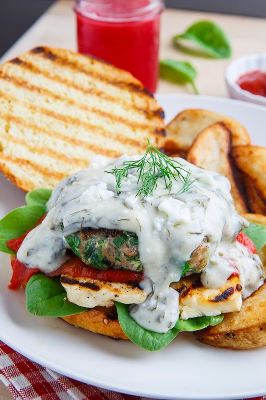 Spinach and Feta Chicken Burgers (aka Spanakopita Burgers) with Grilled