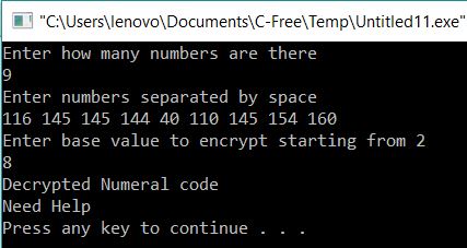 Decryption of Numeral Code using C